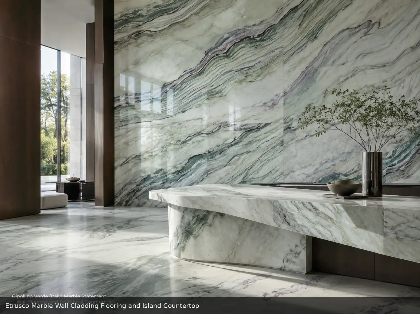 bold historical decorative stone across wall cladding, flooring and an island countertop, with authentic slab variation.