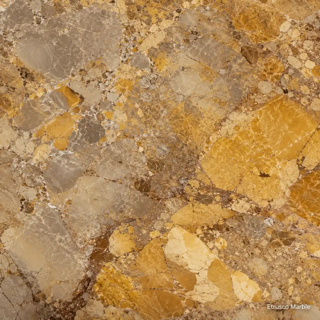 Etrusco Marble with ancient inspired golden stone, ochre fragments, pearl-grey clouds and a rich polished brecciated finish.