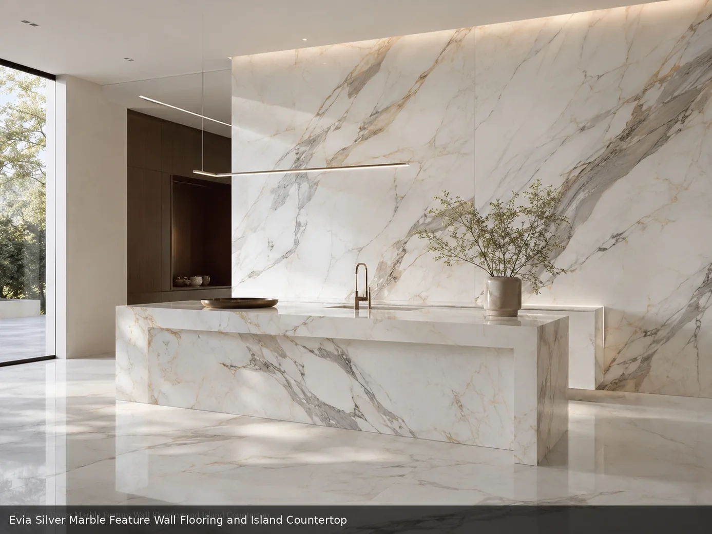 refined metallic decorative stone across a feature wall, flooring and an island countertop, with authentic slab variation.