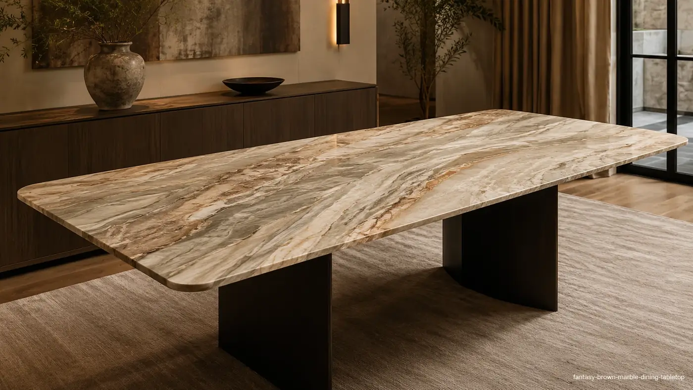Fantasy Brown Marble dining tabletop with flowing beige, grey, cream, brown and apricot stone bands.