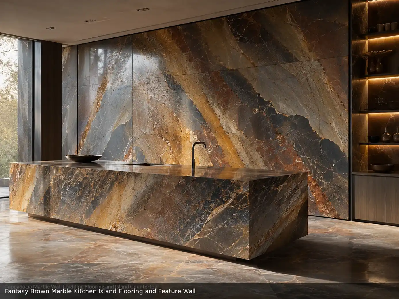 elegant earthy decorative stone featured across a kitchen island, flooring and a feature wall, with authentic slab variation.
