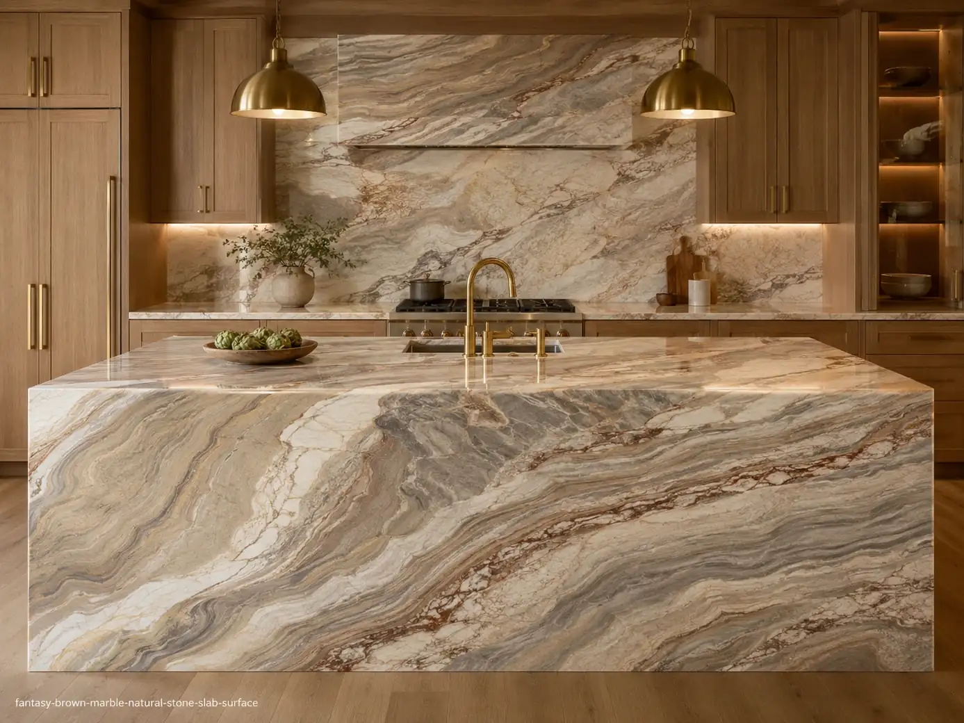 Multicolor luxury slab on a waterfall kitchen island, backsplash and countertops with beige, grey, brown and cream bands.
