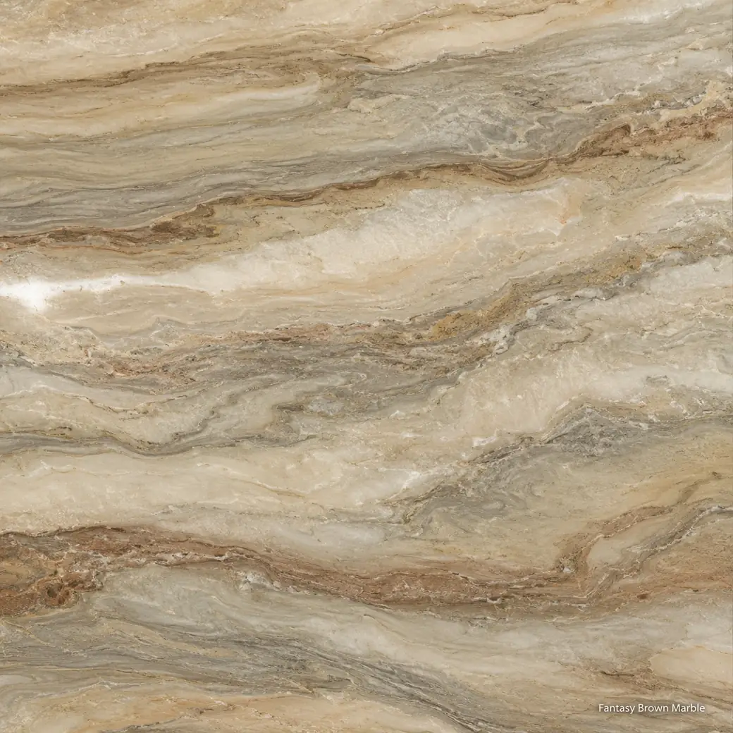 Fantasy Brown Marble with flowing brown grey white stone, cream ribbons, chestnut currents and a polished layered finish.