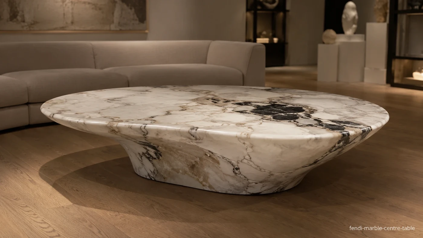 Fendi Marble centre table with a white-ivory top, grey-taupe veining and a sculptural curved pedestal.