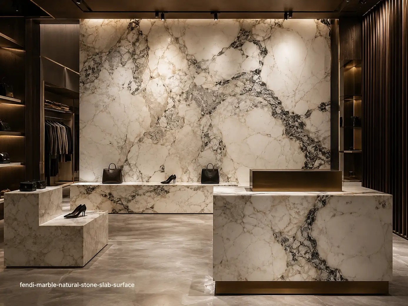 Dramatic luxury slab on a boutique feature wall, display plinths and reception counter with ivory, grey and dark movement.