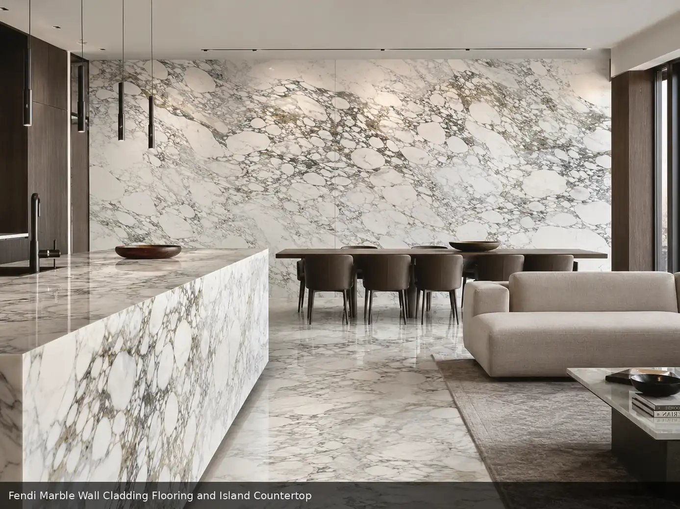 elegant expressive vein texture used across wall cladding, flooring and an island countertop, with authentic slab variation.