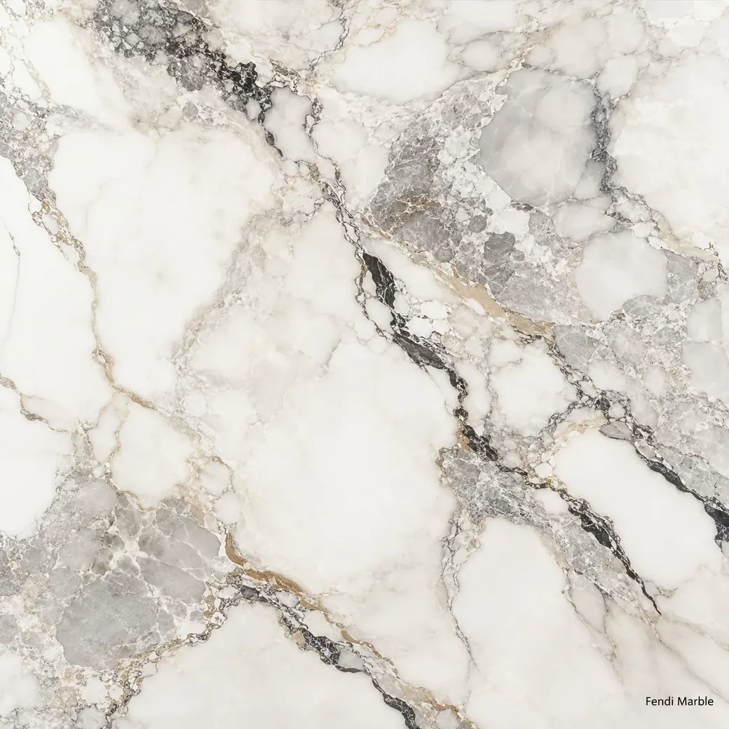 Fendi Marble with fashion inspired feature stone, luminous white fields, grey-beige veins and bold polished mineral depth.