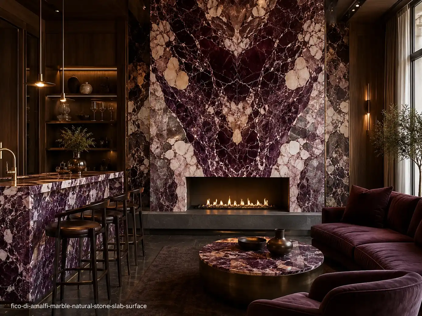 Dramatic Mediterranean slab on a fireplace wall, bar counter and tabletops with burgundy, plum, cream and bronze movement.