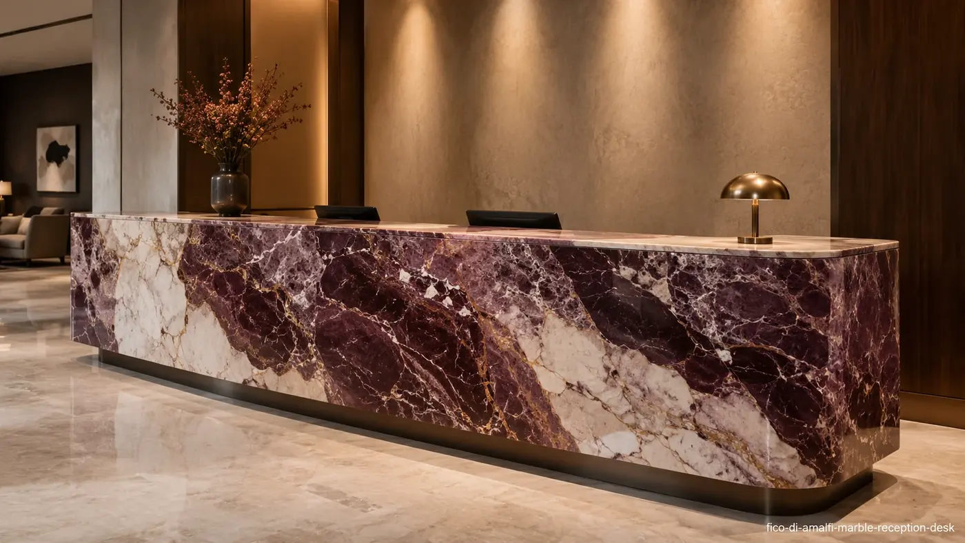 Fico Di Amalfi Marble reception desk with burgundy, plum and violet stone framed by cream and blush movement.