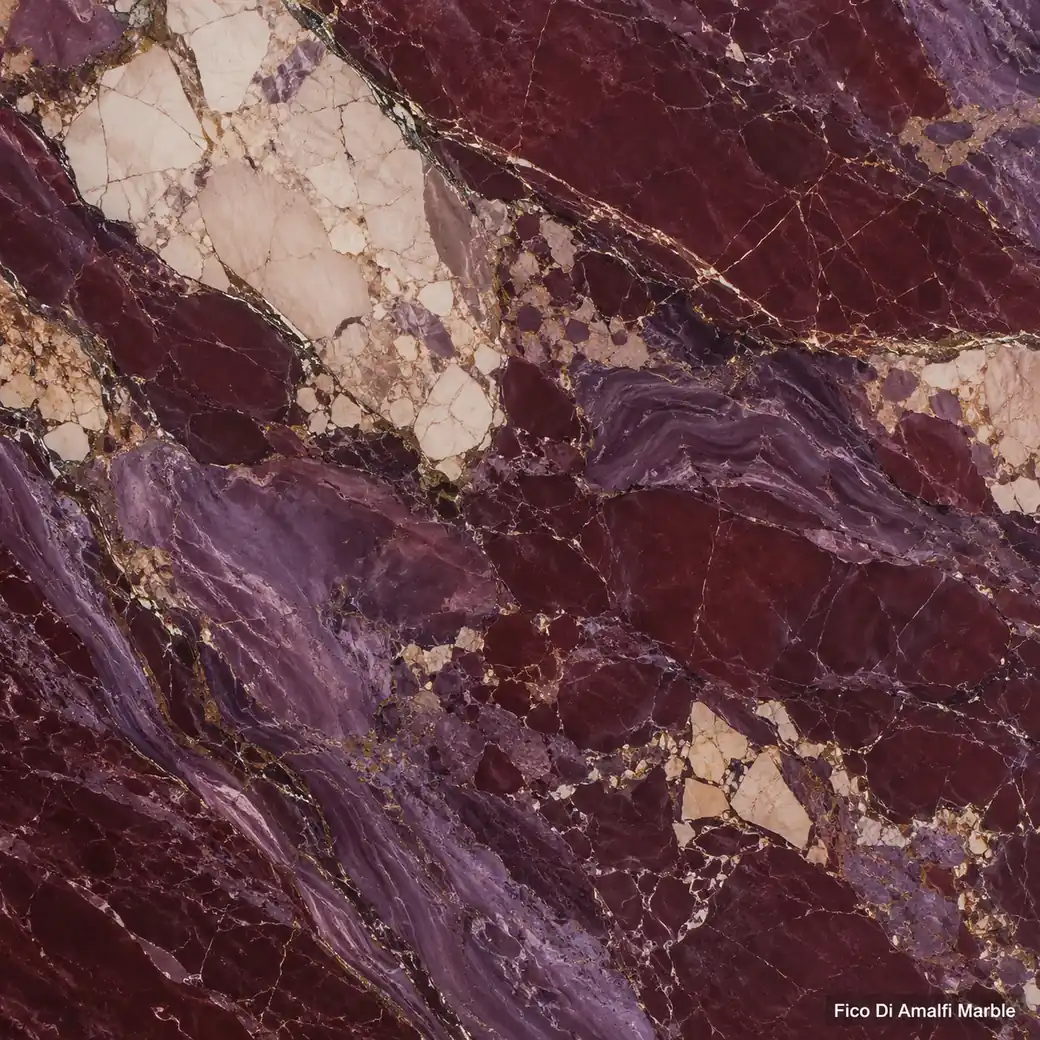 Fico Di Amalfi Marble with Amalfi inspired violet stone, burgundy fields, cream islands and rich polished mineral depth.