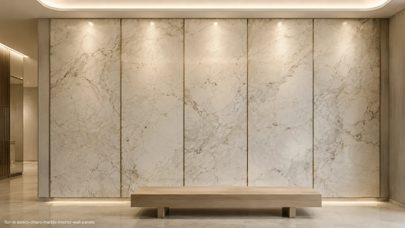 Fior Di Bosco Chiaro Marble wall panels with pale ivory stone, taupe branches and soft grey-beige veining.