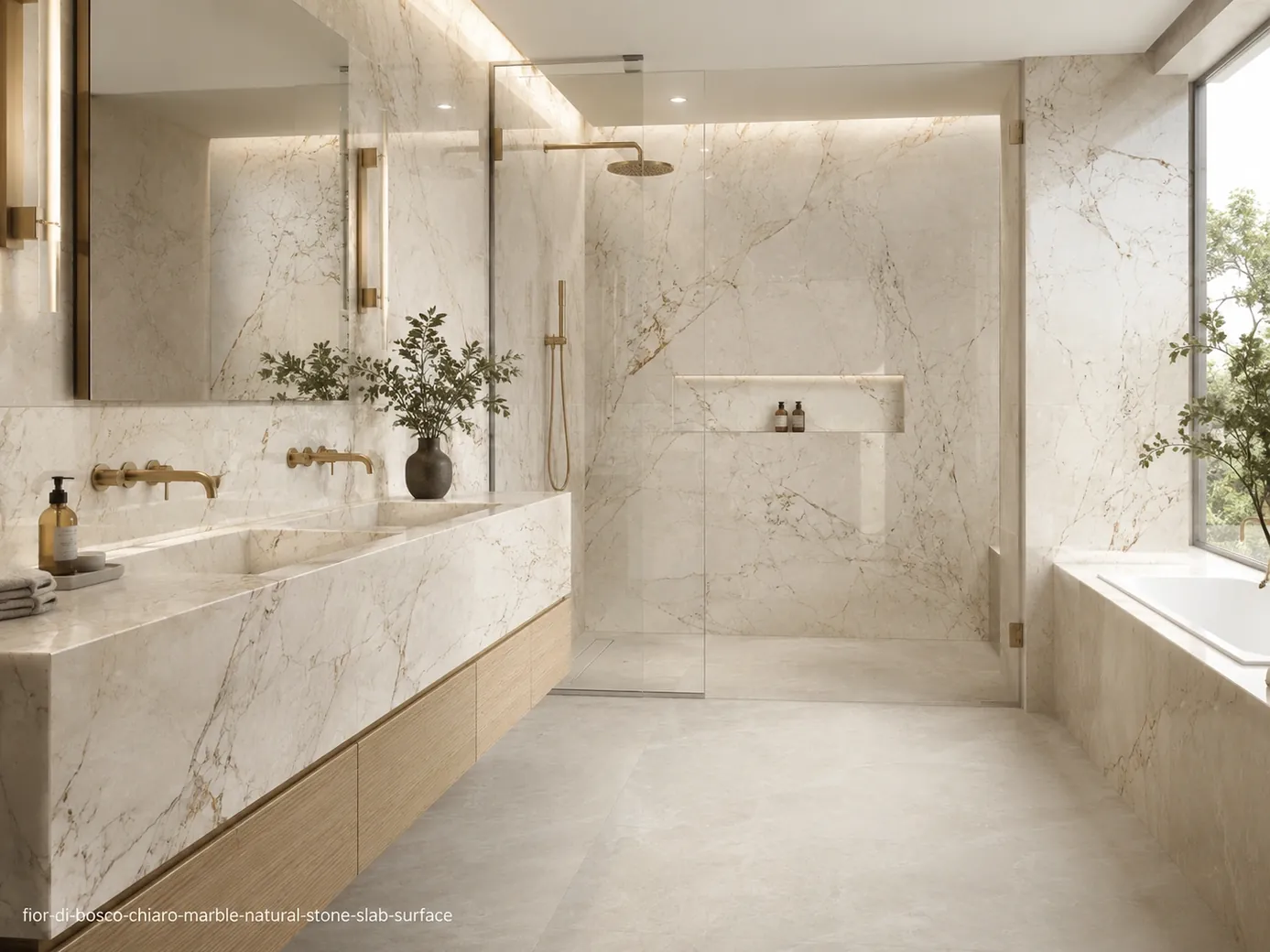 Pale woodland inspired slab across bathroom vanity, shower walls, bathtub surround and flooring with ivory and taupe veining.