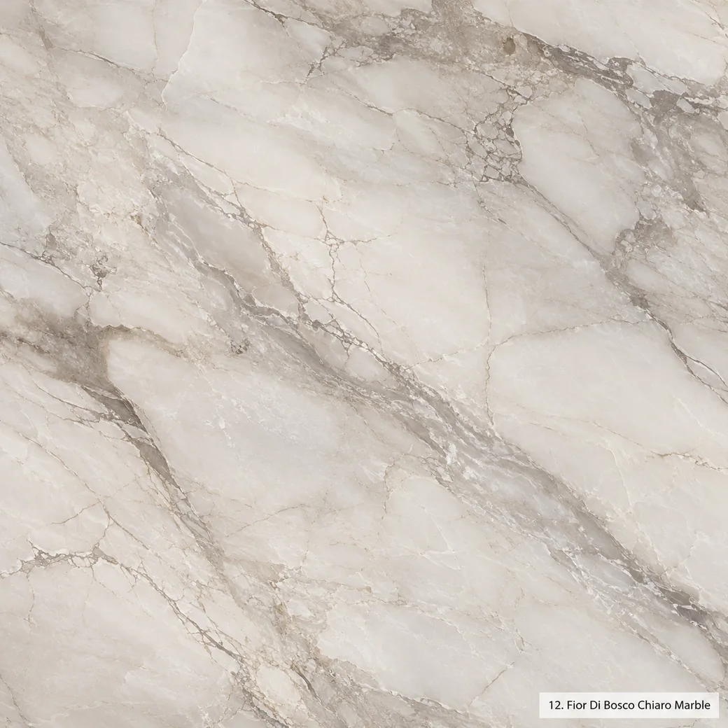 Fior Di Bosco Chiaro Marble with light forest grey stone, ivory fields, taupe branches and a soft luminous polished finish.