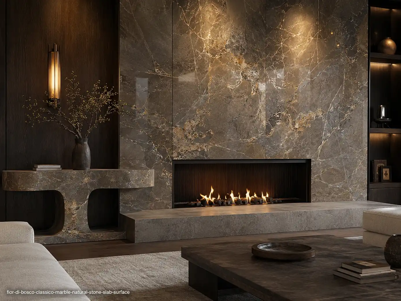 Timeless woodland patterned slab on a fireplace wall, hearth and console with warm grey, cream, ochre and muted gold veins.