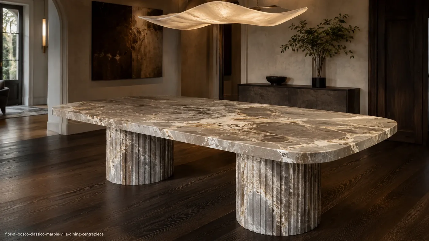 Fior Di Bosco Classico Marble villa dining table with warm-grey stone and cream, taupe and gold veining.