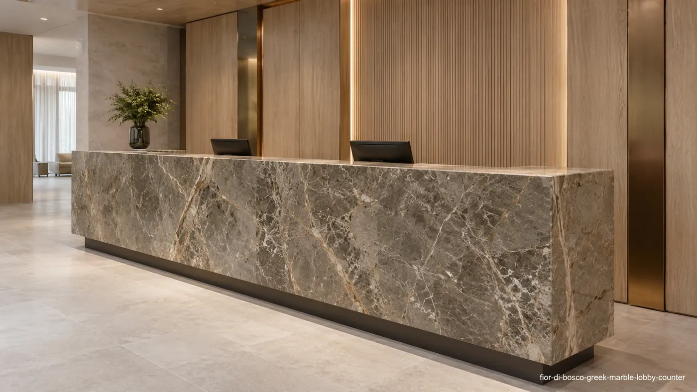 Fior Di Bosco Greek Marble lobby counter with smoky taupe stone, fine white branches and amber veining.