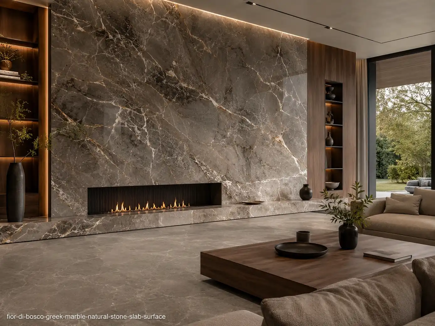 Elegant woodland inspired slab on a living room fireplace wall, console and floor with smoky taupe and branching amber veins.