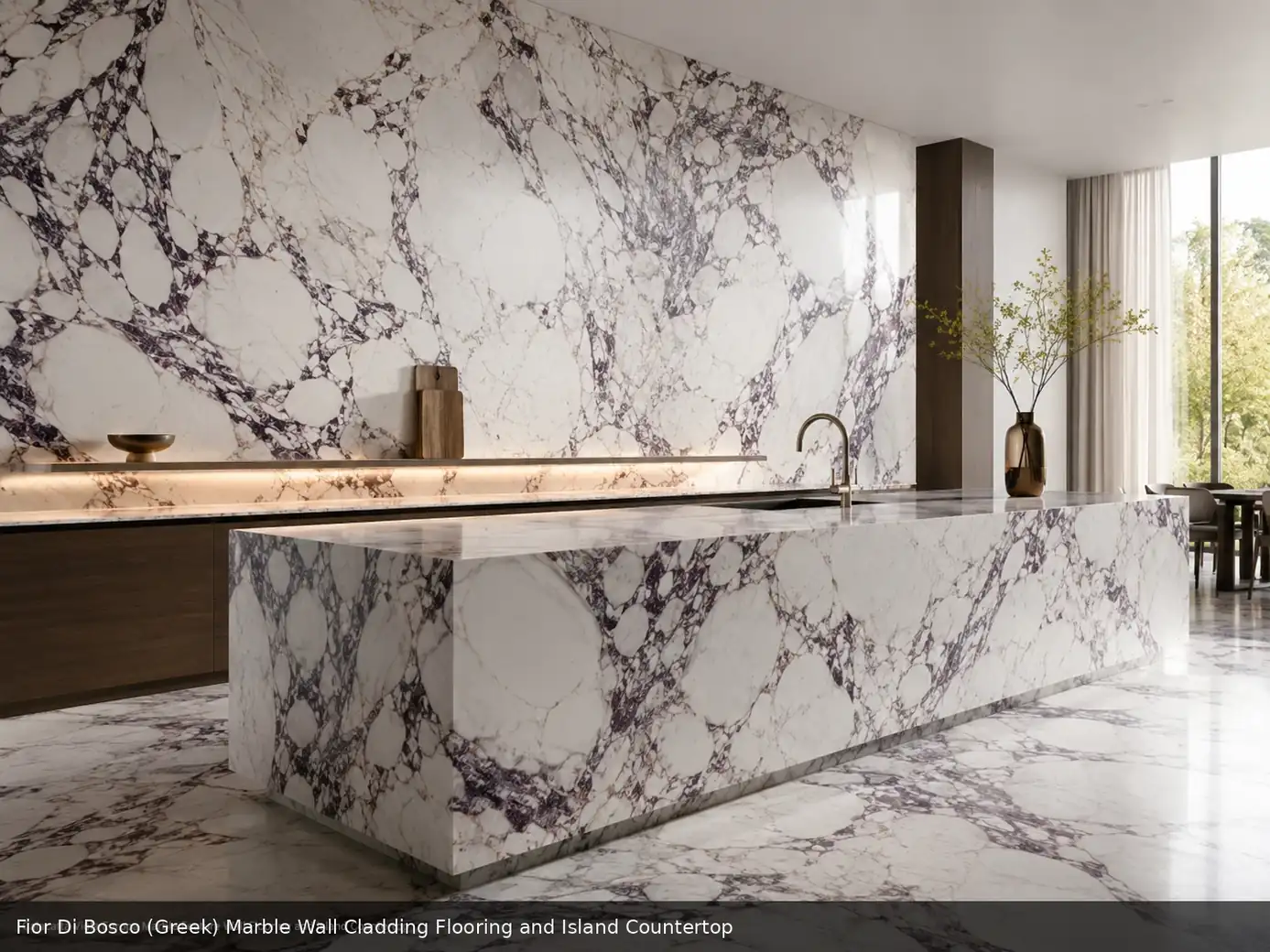 sophisticated smoky decorative surface across wall cladding, flooring and an island countertop, with natural slab variation.