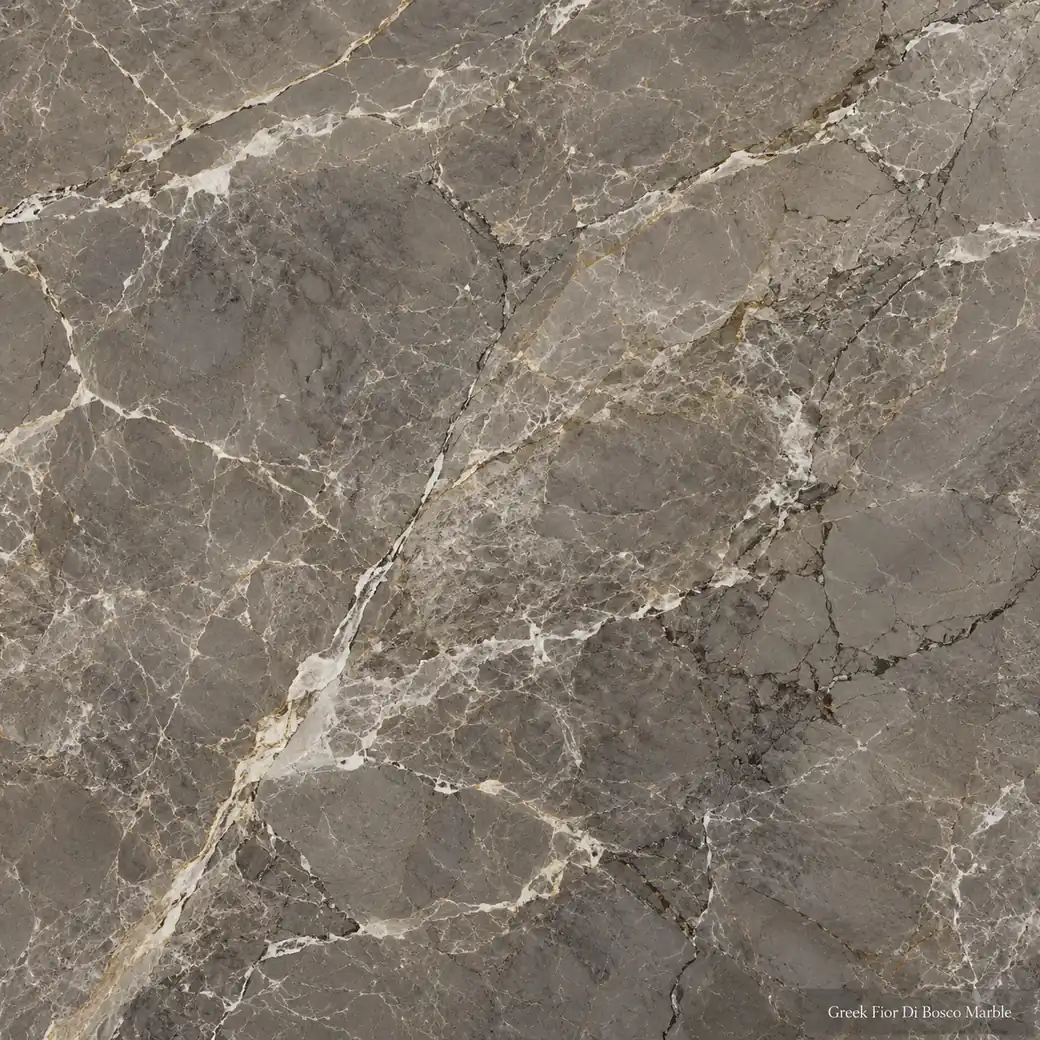 Greek Fior Di Bosco Marble with Greek forest grey stone, ivory branches, amber accents and a deep polished smoky finish.
