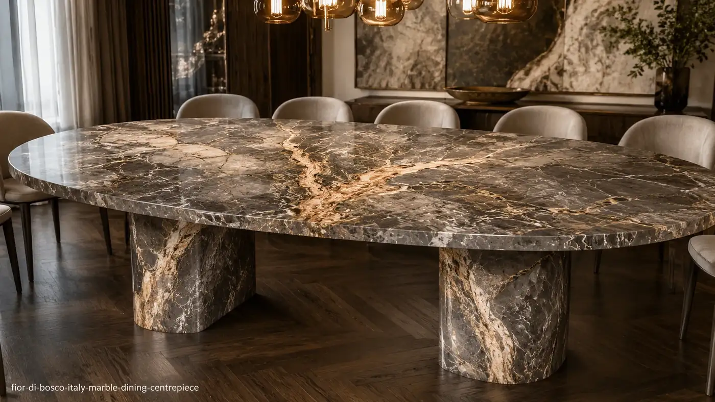 Fior Di Bosco Italy Marble dining centrepiece with lead-grey stone, white branches and warm amber movement.