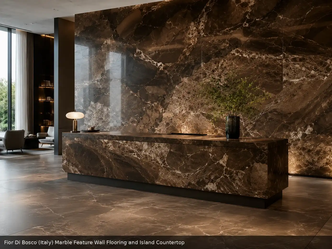 sophisticated charcoal decorative surface across a feature wall, flooring and an island countertop, with realistic finishes.