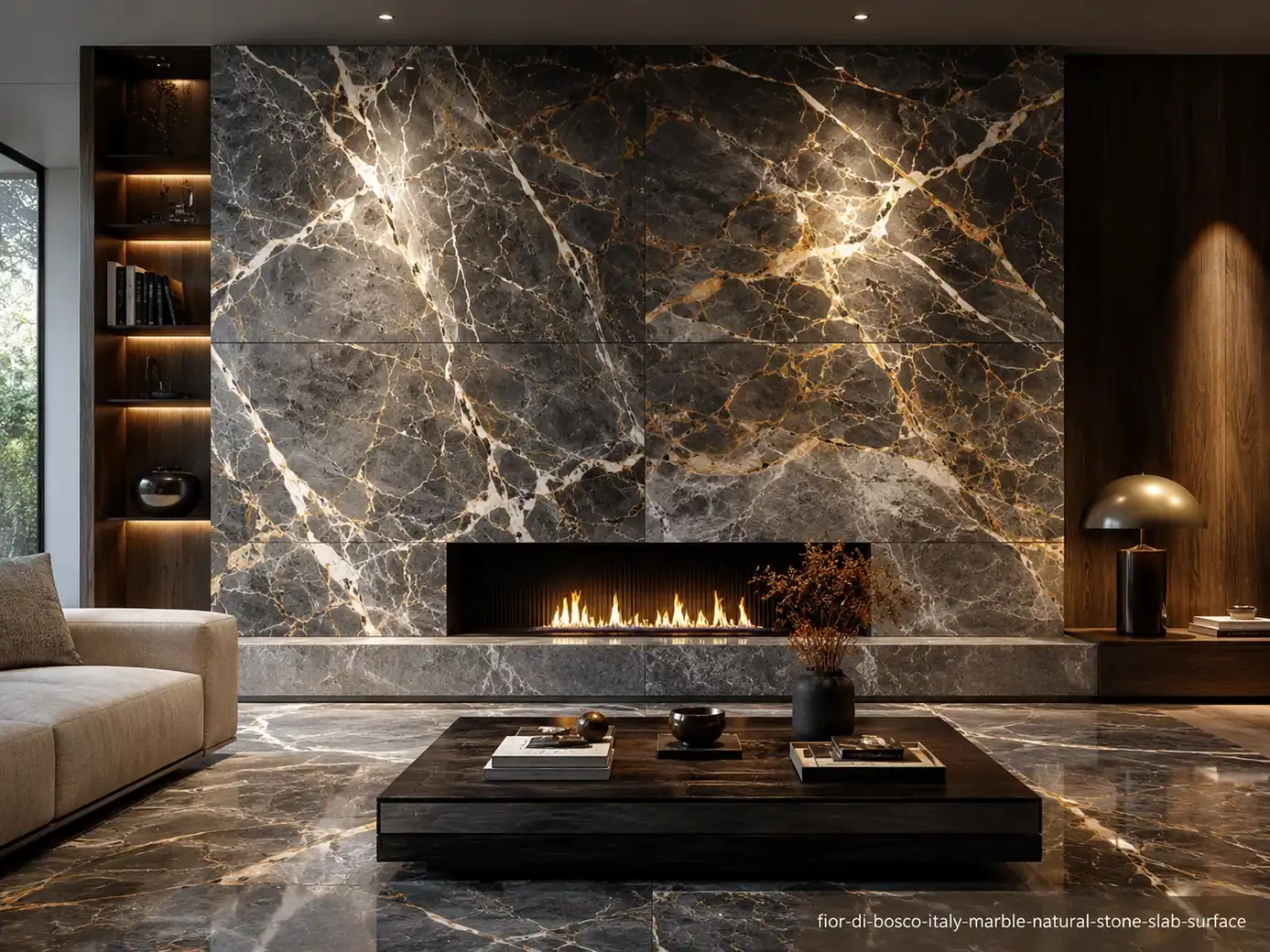 Elegant woodland inspired slab on a fireplace wall, console and flooring with smoky grey, white, beige and apricot branches.
