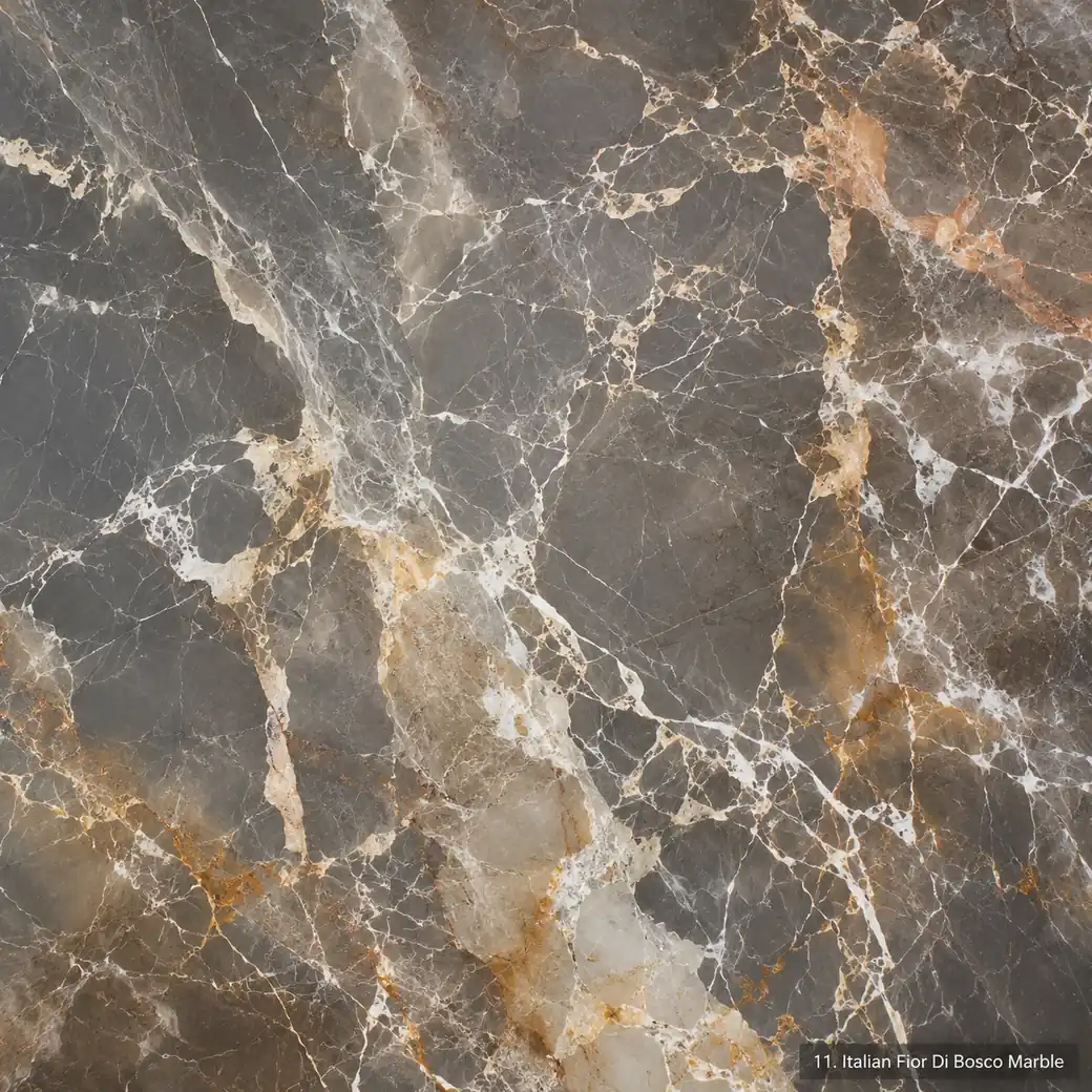 Italian Fior Di Bosco Marble with smoky forest grey stone, white branches, amber veins and a deep polished mineral finish.