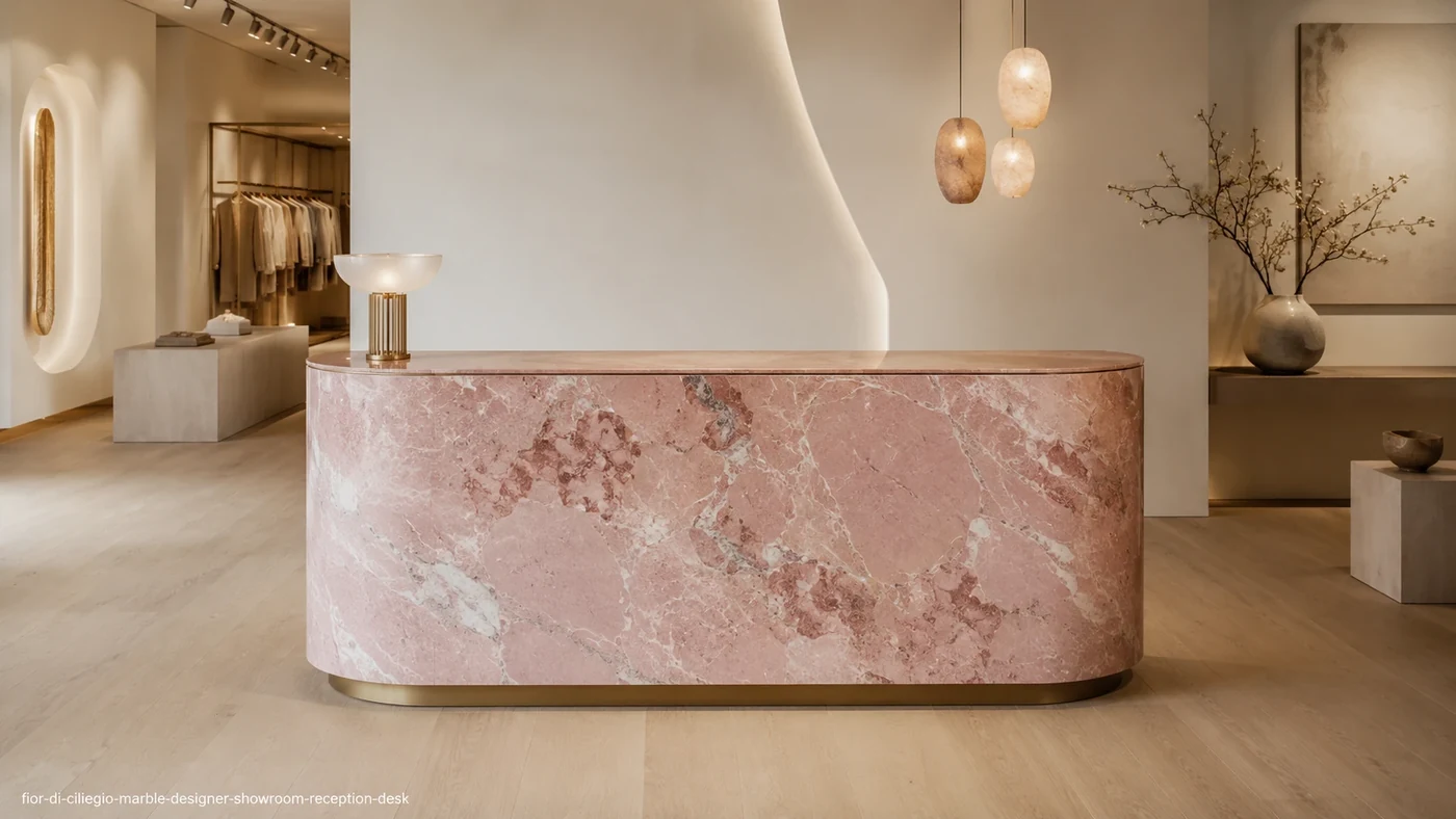 Fior Di Ciliegio Marble showroom reception desk with blush-pink stone and delicate white-grey veining.