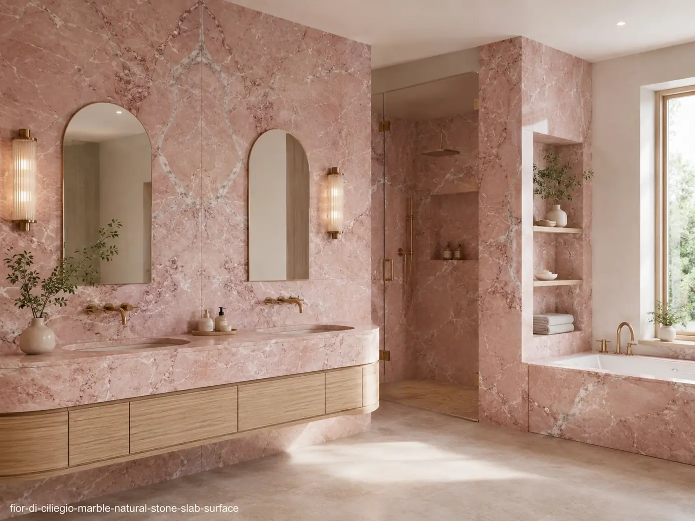 Delicate pink architectural slab on a vanity wall, curved countertop, bathtub surround and shower panels with rose veining.