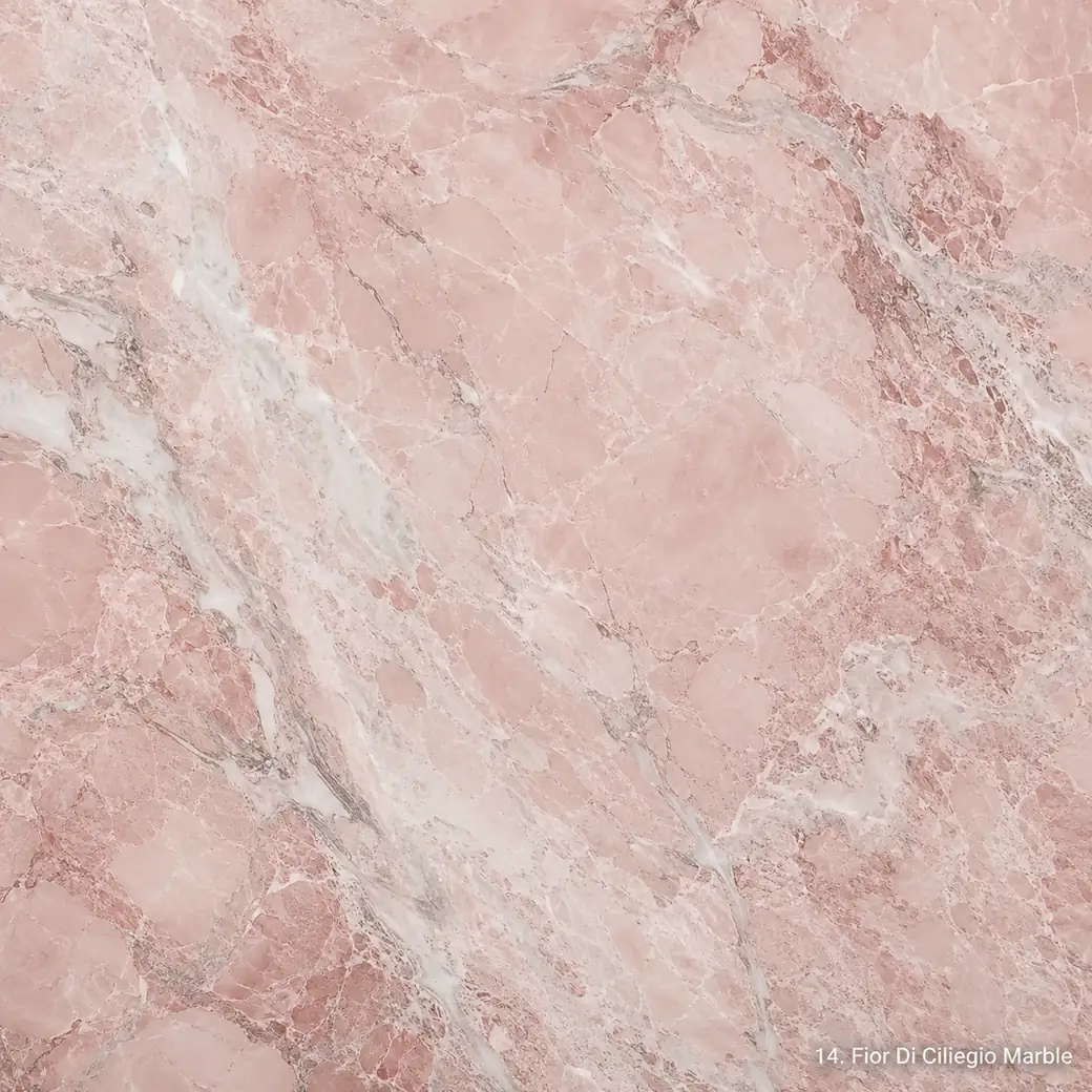 Fior Di Ciliegio Marble with cherry blossom toned stone, blush fields, cream veining and a soft luminous polished finish.