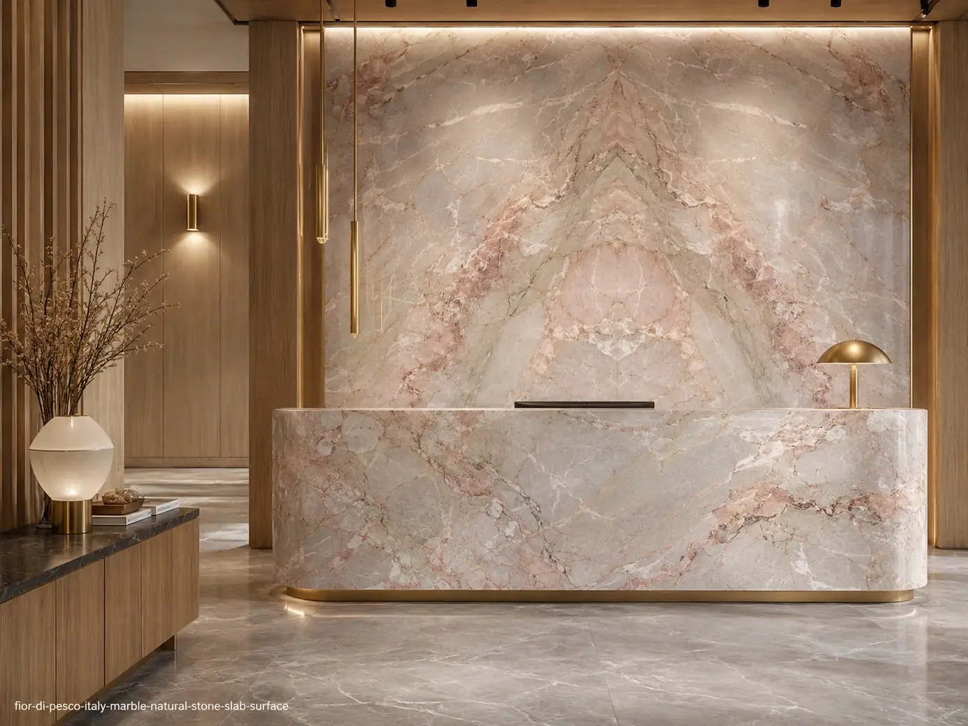 Dramatic Italian feature slab on a lobby wall and reception counter with pearl grey, peach, rose and pale green movement.