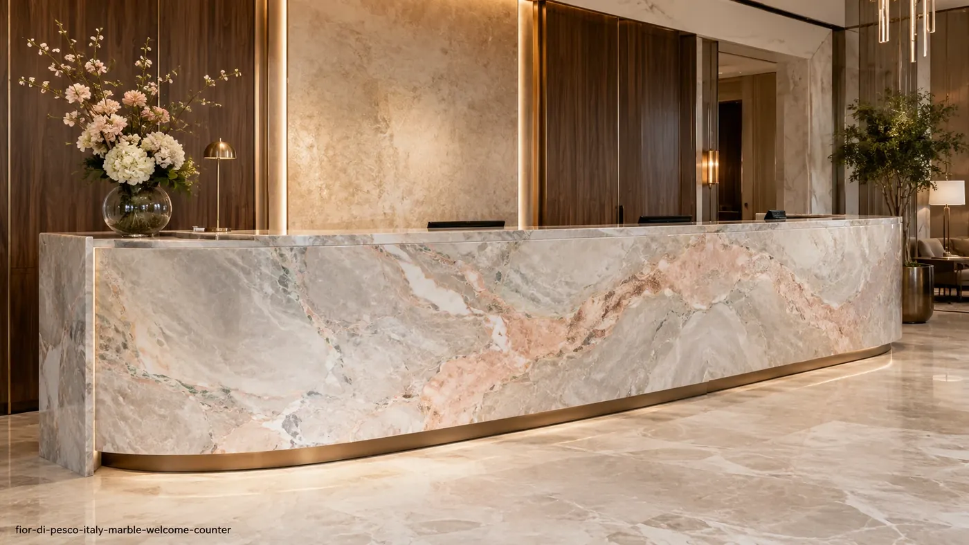 Fior Di Pesco Italy Marble welcome counter with pearl-grey stone and flowing peach, rose and white veins.