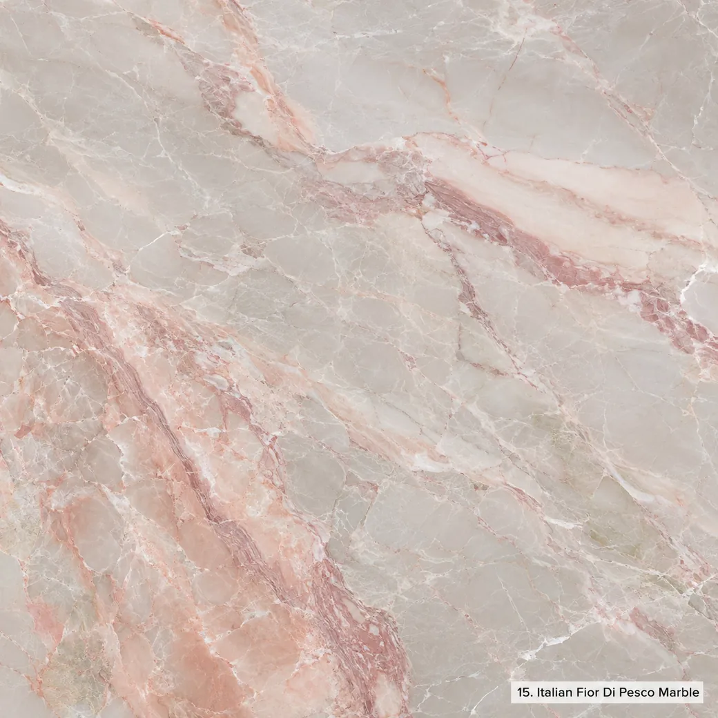 Italian Fior Di Pesco Marble with peach blossom veined stone, pearl-grey fields, rose ribbons and polished mineral depth.