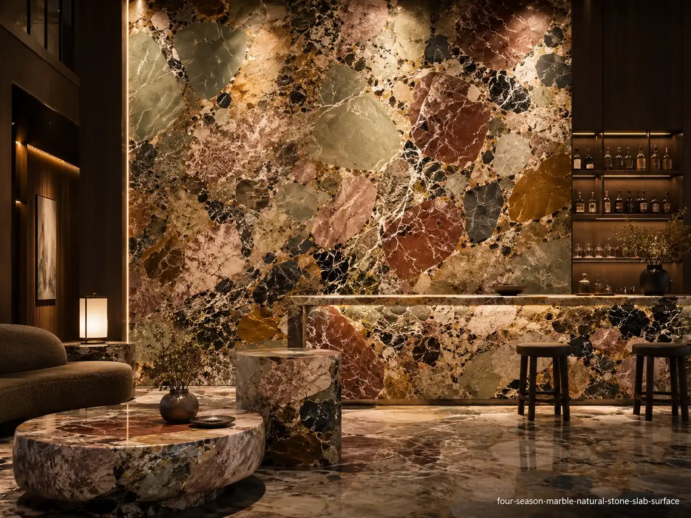 Dramatic changing tone surface on a lounge wall, bar counter and tables with green, burgundy, ochre, blush and cream breccia.