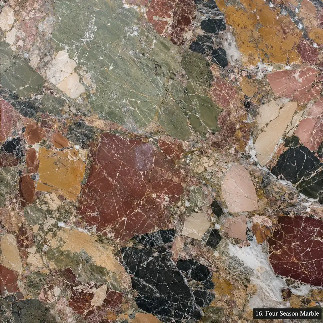 Four Season Marble with seasonal multicolor stone, sage, burgundy, ochre, blush fragments and rich natural polished depth.