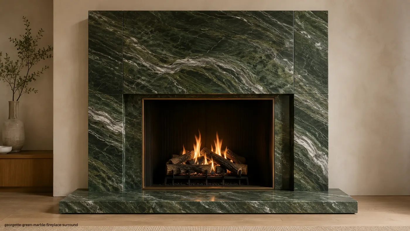 Georgette Green Marble fireplace surround with emerald-green stone and fine white and silver-grey veins.