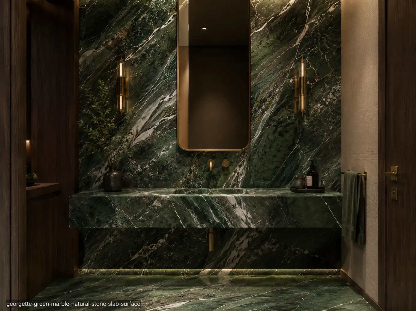 Elegant forest toned slab on a powder room vanity wall, countertop and floor panels with emerald, olive and silver veining.