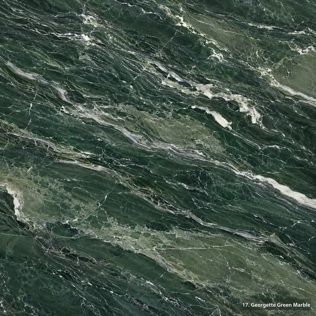 Georgette Green Marble with deep emerald linear stone, ivory streaks, silver veins and a rich polished botanical finish.