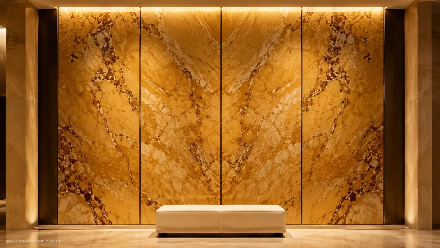 Giallo Siena Marble feature panels with golden-yellow stone, cream calcite and rust-brown veining.