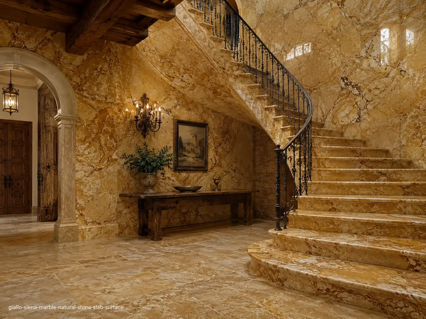 Warm Tuscan architectural slab on foyer staircase, wall cladding, console and flooring with golden yellow and rust movement.