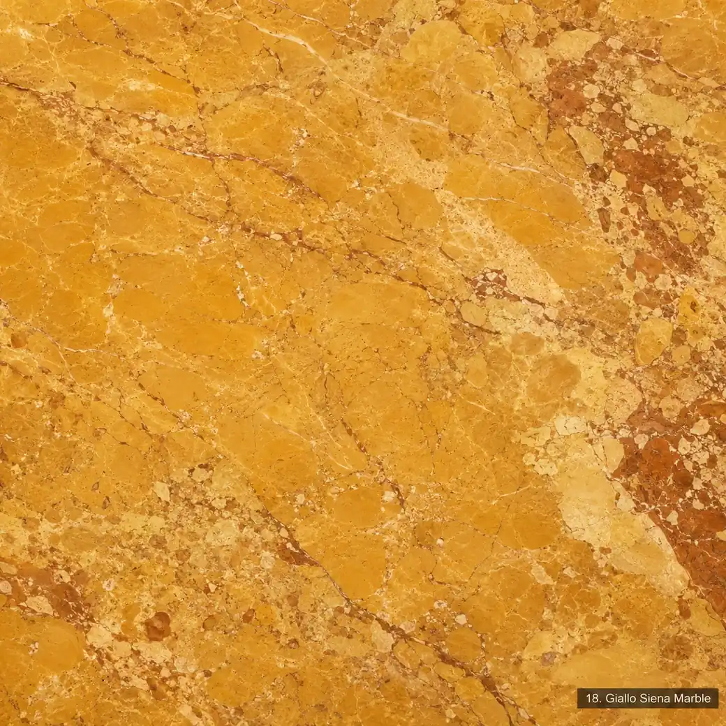 Giallo Siena Marble with radiant golden yellow stone, amber clouds, rust veins, cream calcite and polished mineral depth.