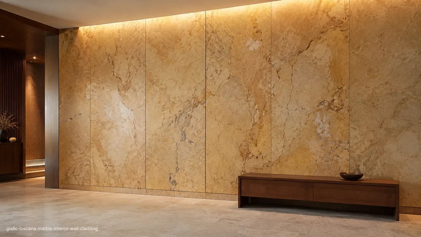Giallo Toscana Marble wall cladding with honey-gold stone, cream clouds and fine rust-brown veins.