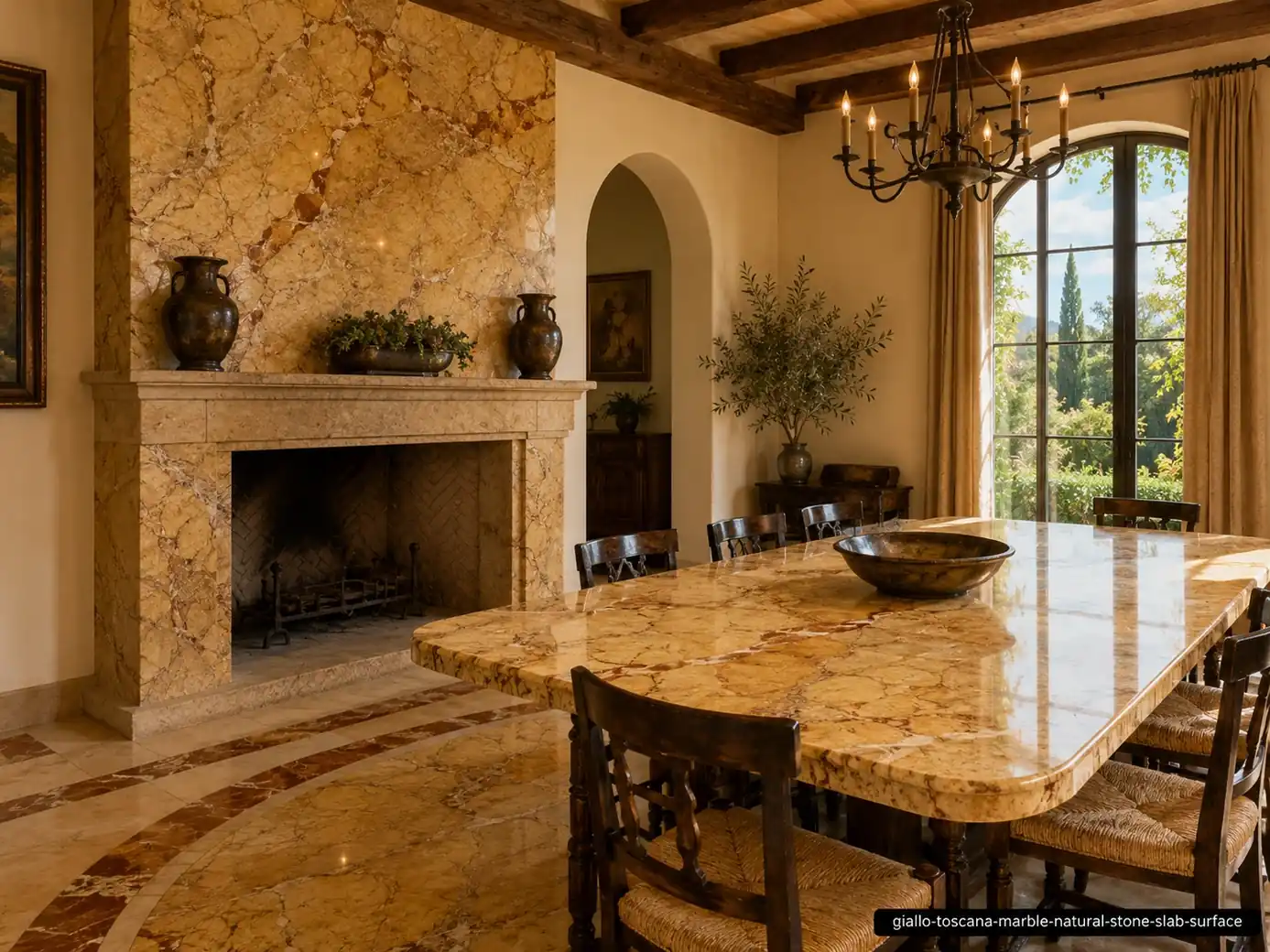 Elegant sunlit architectural slab on a dining fireplace, table and floor inlays with golden yellow, honey and rust veining.