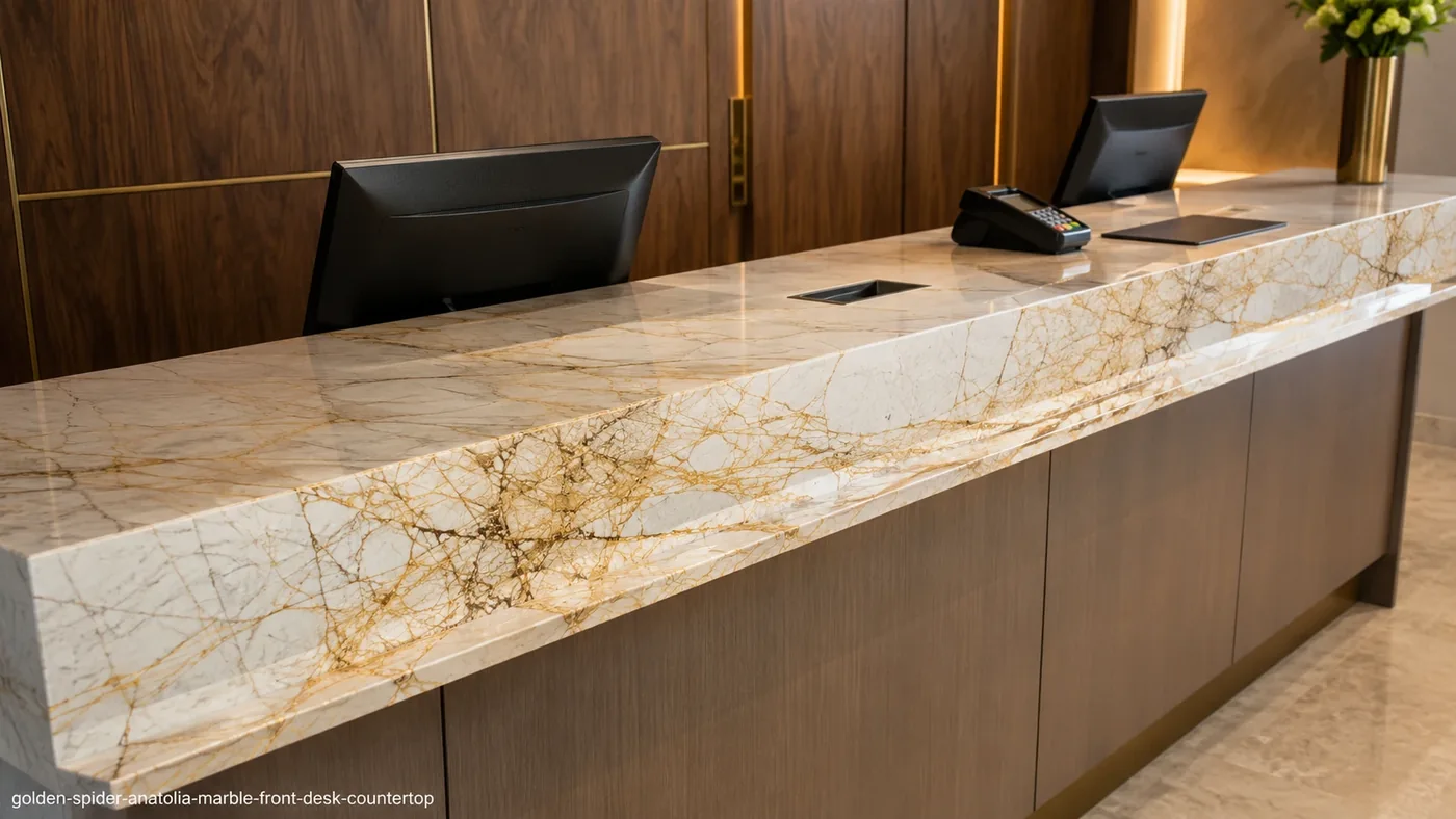 Golden Spider Anatolia Marble front desk countertop with ivory stone and intricate gold web-like veins.