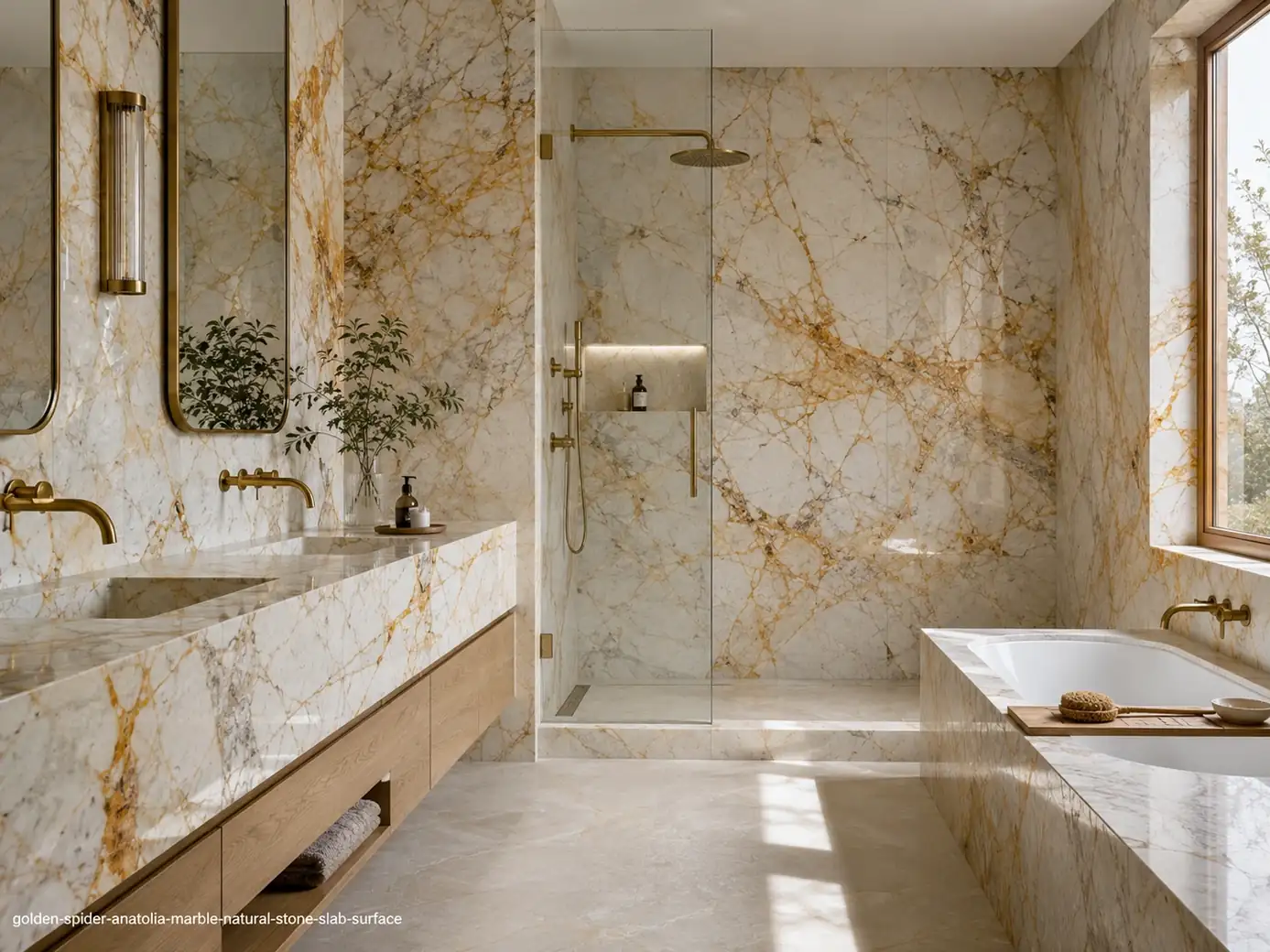 Warm white architectural slab across a vanity, shower walls, bathtub surround and flooring with fine golden spider veins.