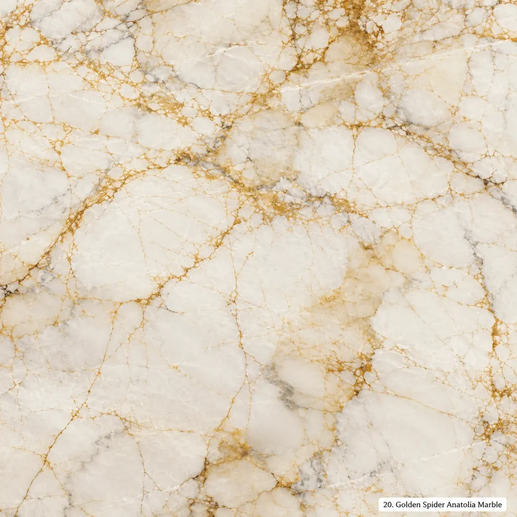 Golden Spider Anatolia Marble with a golden web veined stone, ivory fields, honey threads and a luminous polished finish.