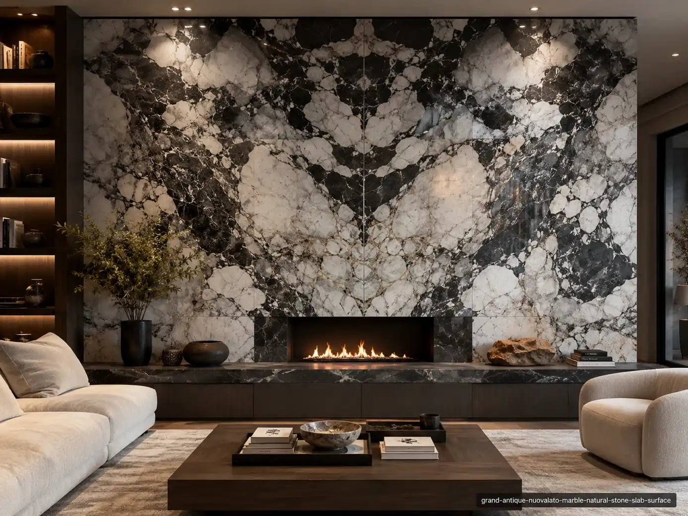 Atmospheric heritage slab on a fireplace wall, hearth and console with clouded black, white and smoky grey breccia movement.