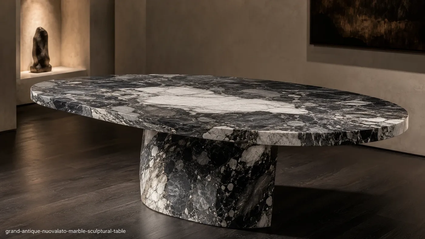 Grand Antique Nuovalato Marble sculptural table with clouded black, grey and white brecciated stone.