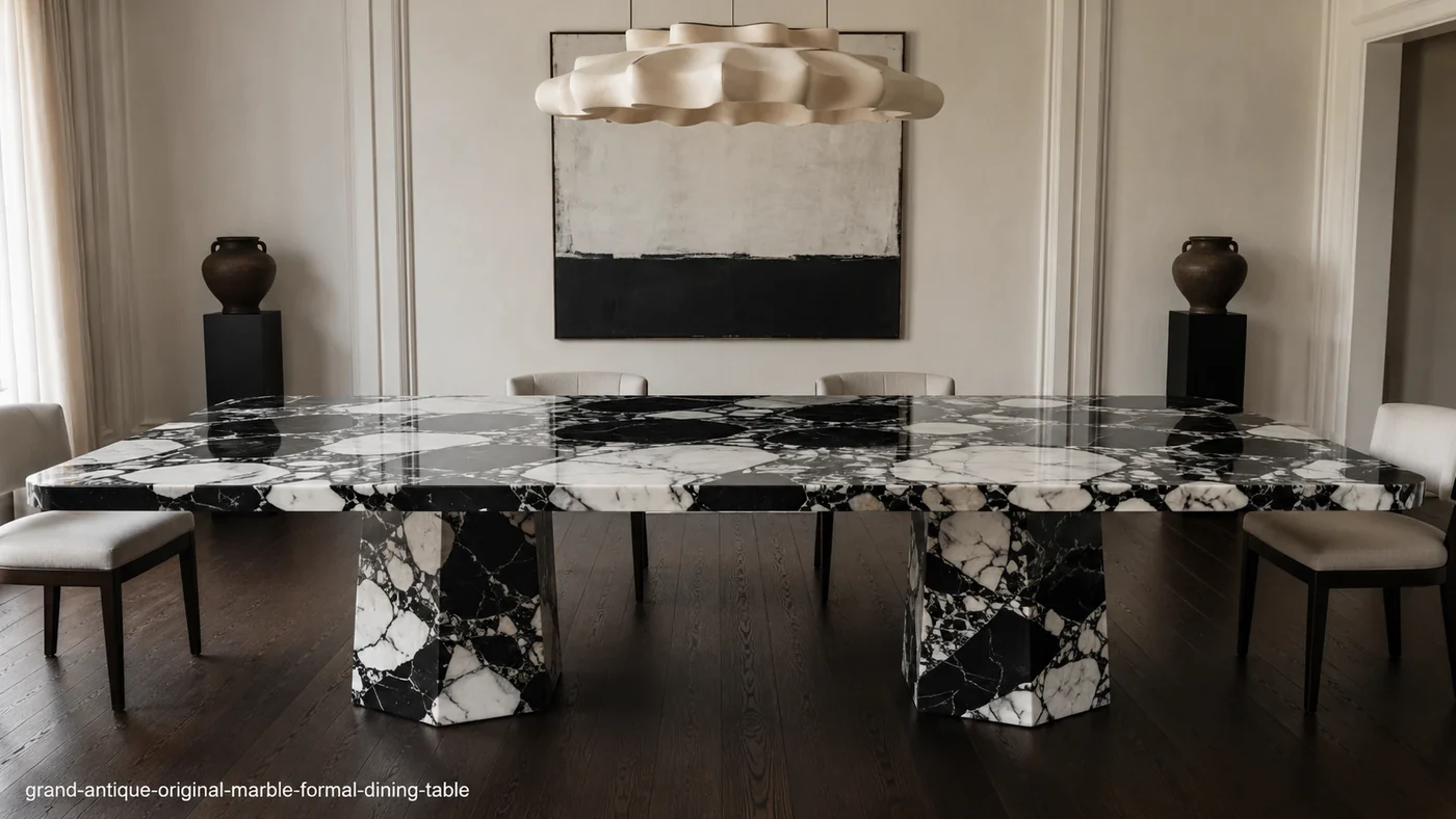 Grand Antique Original Marble formal dining table with dramatic black-and-white fault-breccia stone.