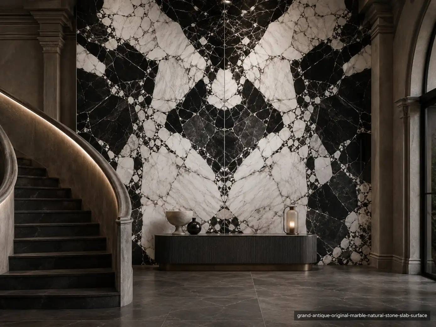 Historic French architectural slab on an entrance wall, staircase and console with black and white fault-breccia fragments.